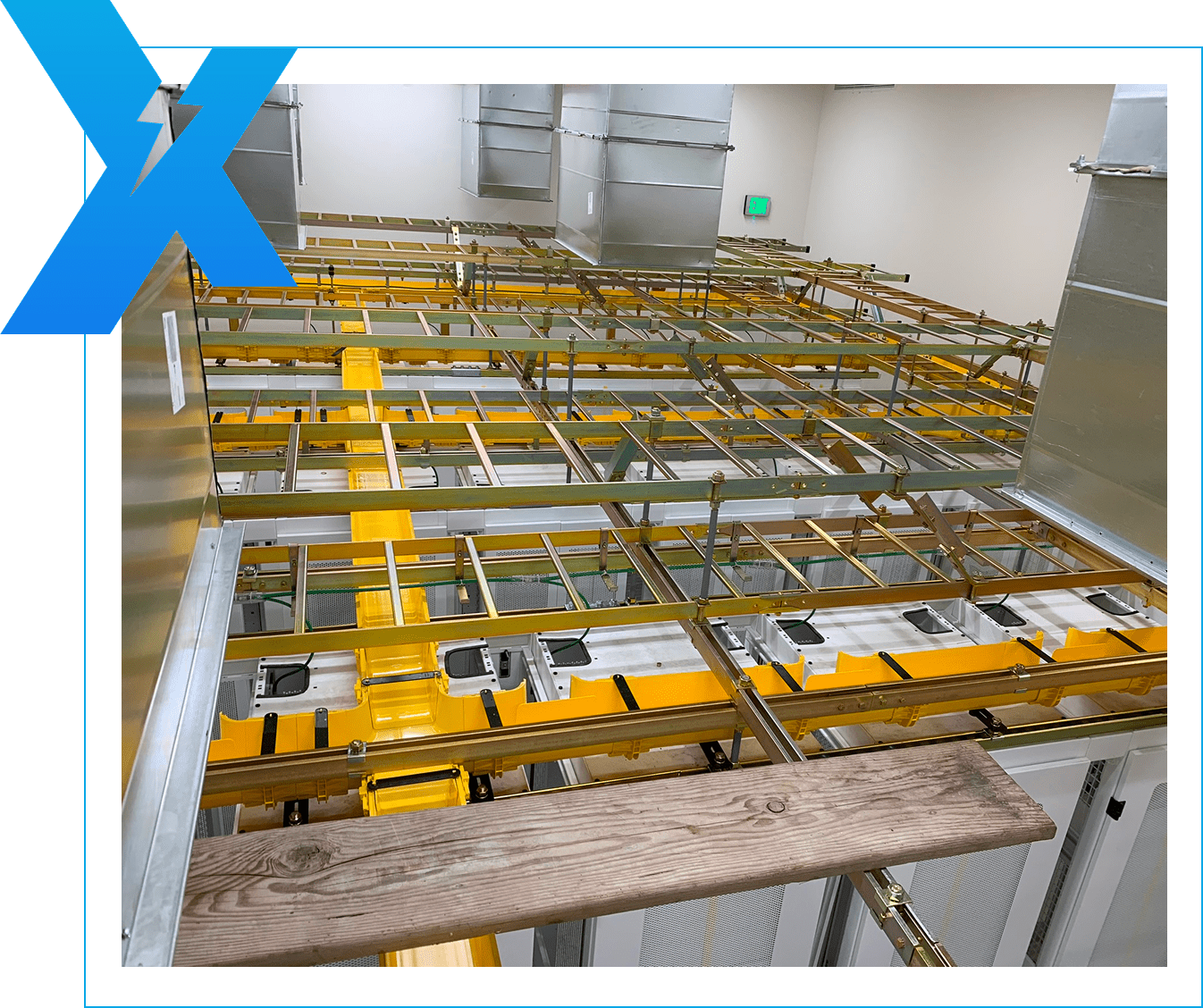 Industrial ceiling construction with metal framework.