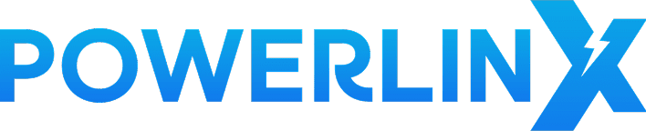 Powerlinx blue logo on black background.