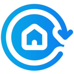 Blue house icon with circular arrow.